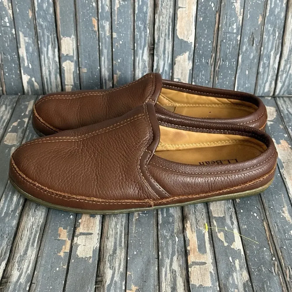 LL Bean Elkhide Scuff Slippers Men Size 7 Brown Leather Padded Comfort 272349
